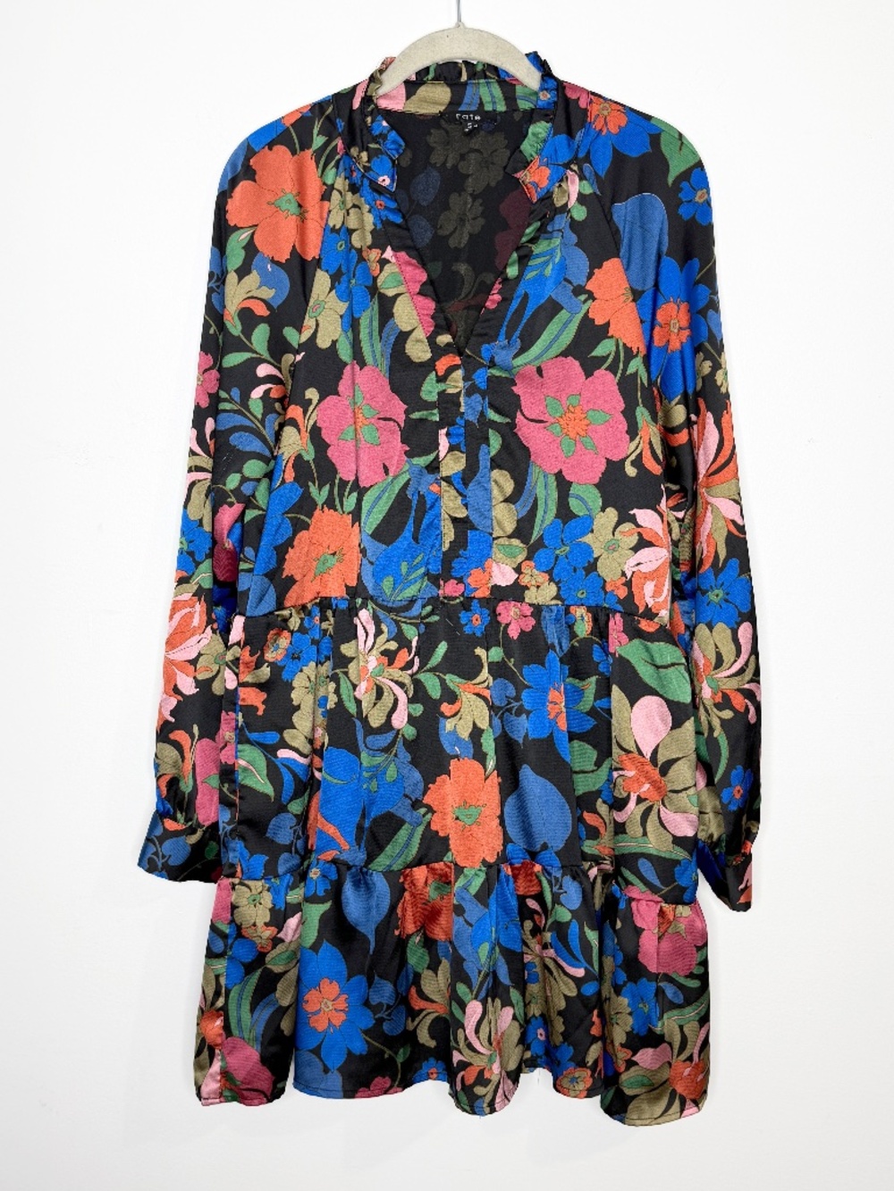 Fate Floral Tiered Mini Dress Black Blue Pink Boho Long Sleeve S